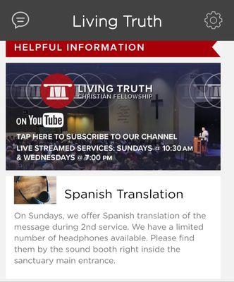 Live stream details as of 5/1/2022
 They also offer Spanish translation in person, during 2nd service.