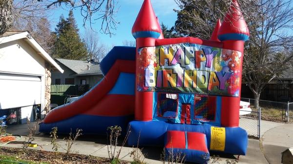 Combo jumpers can have wet or dry slide for year round fun! Add a special banner to complete your decorations!