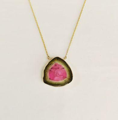 14kYG watermelon tourmaline slice necklace