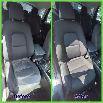 Before and After Upholstery Cleaning for Mazda CX-5 Passenger Seat Coffee Spill, Cleaned Like New