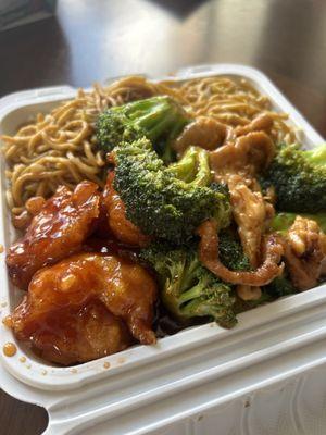 Sesame shrimp, chicken and broccoli, lo mein (theres veggies in the lomain hiding juust under the surface)