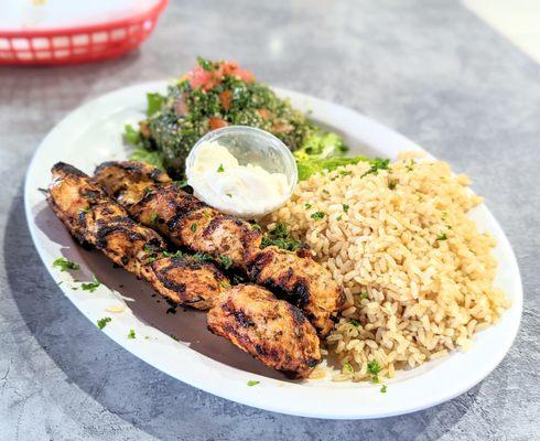 Chicken Kabob with brown rice & tabouleh salad