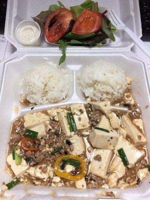 Mapo Tofu (mild or spicy) with white rice & tossed salad and ranch dressing.