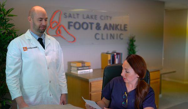 Front desk reception with Dr. Christiaan Goebel, DPM, podiatrist.