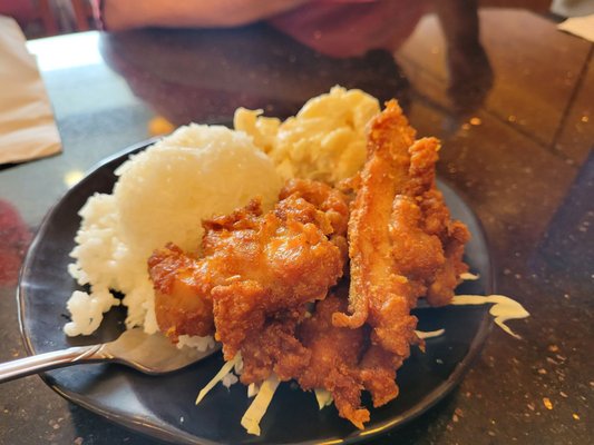 Mochiko chicken with rice and Mac salad