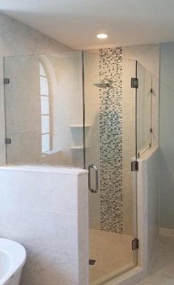 Custom Frameless Shower - Door Hinged off Panel and Knee Wall