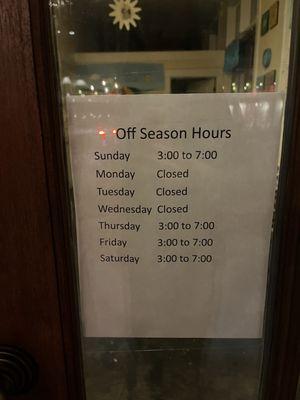 off season/winter hours