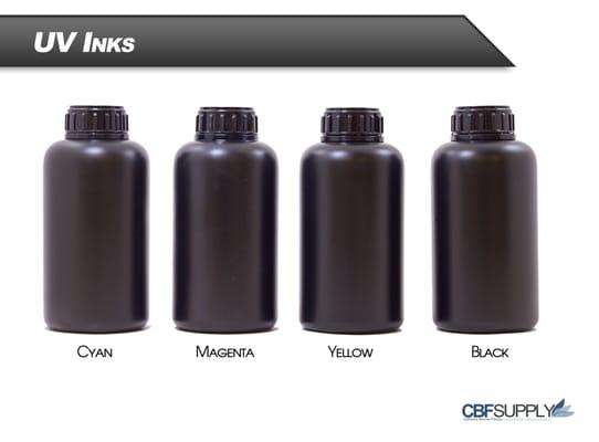 UV inks available in cyan, magenta, yellow, and black.