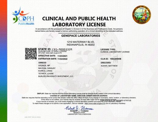 State of California Laboratory License