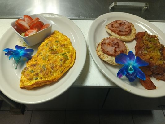 Mexican omelette and eggs Benedict