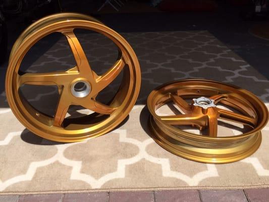 Anodized gold motorcycle wheels. Looks great, but not the color that was specified with my order