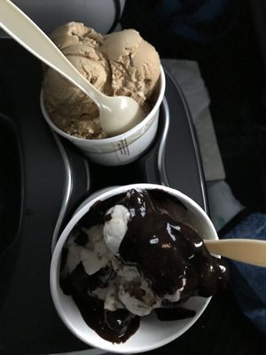 peanut butter cup with hot fudge; coffee heath bar frozen yogurt