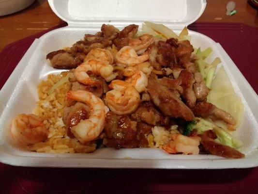 Chicken n Shrimp Teriyaki with vegetables and fried rice.