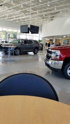 Waiting for my new Chevy in Mauer Chevrolet's showroom! it is very nice and the radio station they play is awesome!!