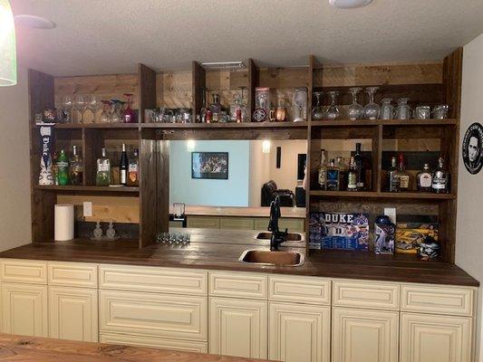 Galley Bar, Cowboy Bar, Castle Rock CO, Entertainment Area, Basement Finish, Shiplap, #1 Granite choice, Cabinet Color Choice