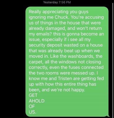 Text from yesterday, a week after my move out day, telling them to get ahold of us.