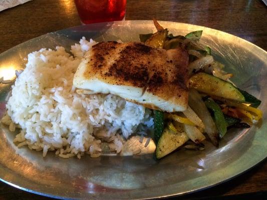 Halibut, rice, and vegetables