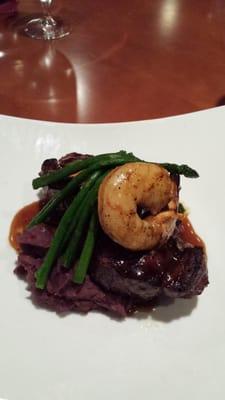 Reef & Beef a delicious 14 oz New York strip steak, asparagus and jumbo shrimp. Yum!!!!!