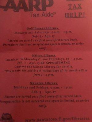 For the people that live around Pensacola.   You can get your taxes prepared FREE at the public library, regardless of your AGE or INCOME.