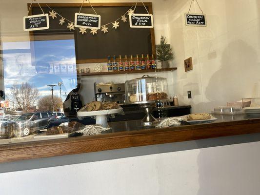 At the counter are all the fresh baked goods. You can order coffee, espresso, chia or an assortment of hot or cold beverages.