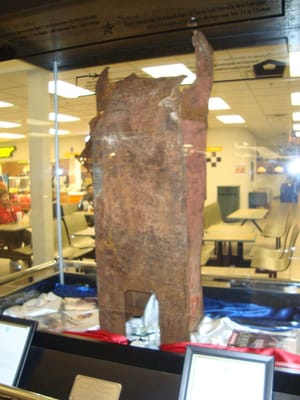 A memorial to 9/11 with a piece of the World Trade Center in the truck stop