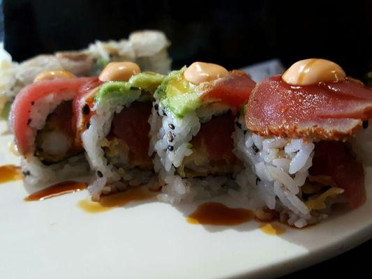 Chef's with tempura shrimp, spicy tuna and crab with seared ahi & avocado