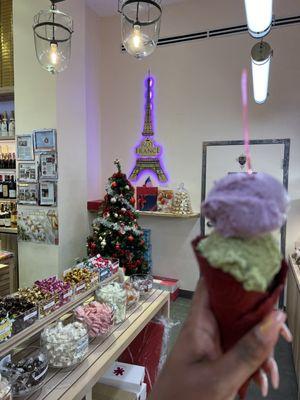 Lavender, pistachio and red velvet cone