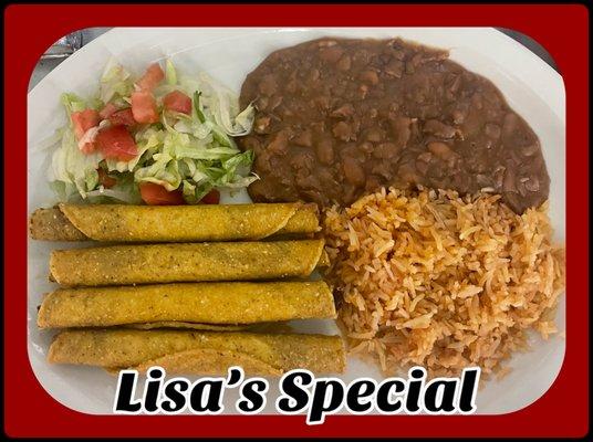 4 beef or chicken taquitos served with rice and beans