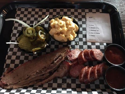 Brisket, sausage, and macaroni and cheese for just over $12