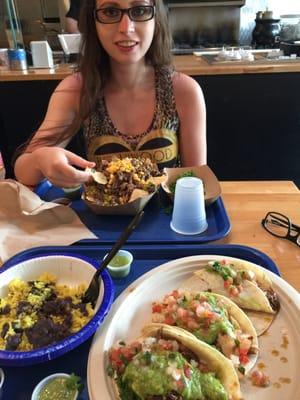 Tacos! 1 with birria (kosher beef and lamb mixed), 1 kosher chicken, and 1 carnitas (kosher beef and duck). Toppings added.