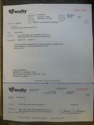 Picture of the settled lawsuit I had to file against Phelps Solar due to horrible system and damage to my roof.  Settlement check THEY paid