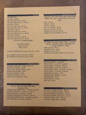 Updated Menu as of March 2020