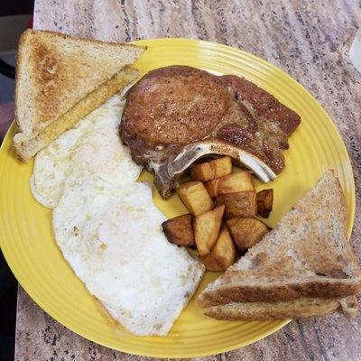 Deep fried pork chop breakfast platter (special)