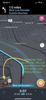 Screenshot of the GPS while I was in the bus, therefore you can see how the driver was speeding on a curve.