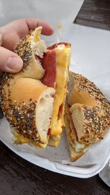 Taylor ham, egg, and cheese (no salt, pepper, ketchup) on an everything bagel