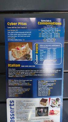 Cyber pitas, Italian, specials and combinations on menu