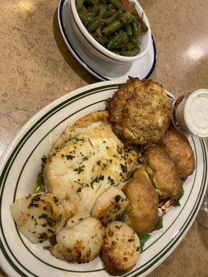 Broiled seafood platter. Flounder, scallops, crabcake, stuffed shrimp and oyster and side of green beans