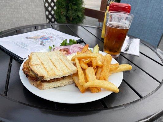 Veggie burger with fries and Victory IPA