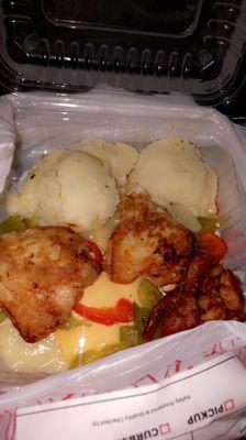 Chicken breast and shrimp melted cheese masted potatoes