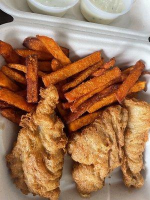 Fried cod and sweet potato fries. Great sauces.