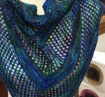 Owner, Dianne Lane, made this shawl from indie dyed Carillon yarns.