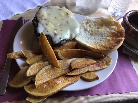 Burger with homemade fried potato slices