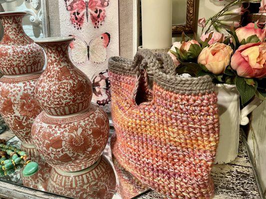 Handmade go green bag alongside beautiful new vases