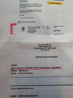 Online Receipt of purchase and order pick up receipt