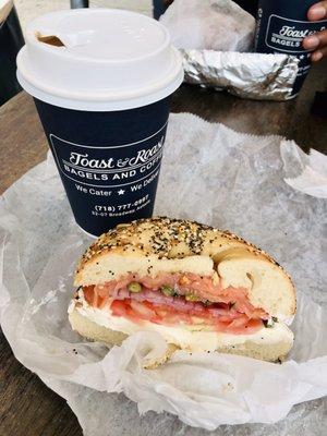 Salmon lox everything bagel and cappuccino