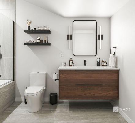 Newly remodeled Sunnyvale bathroom with walk-in shower, soaking tub, and double vanity with quartz countertop and marble backsplash.