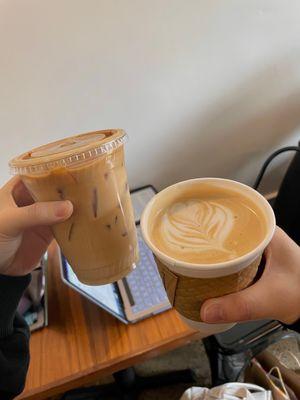 Iced Vanilla Latte (left), hot latte (right)