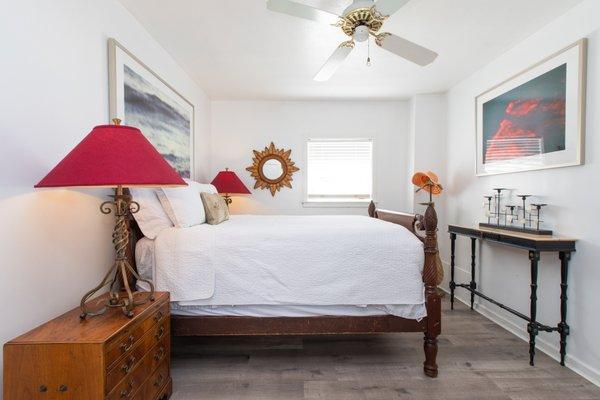 The bedroom of the Honey Bee Loft, at Burns Square Historic Vacation Rentals.