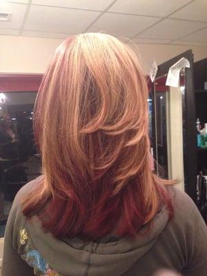 short and red with blonde and highlights