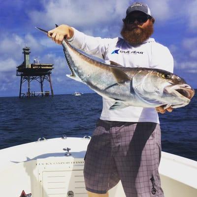 Captain Mark Cogdell with a big amberjack out at Fryingpan Tower.